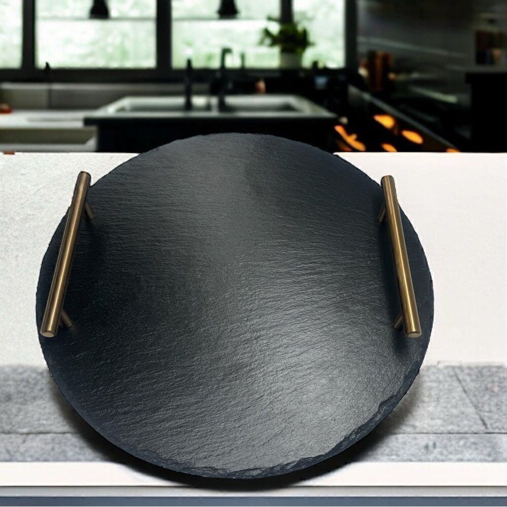 Black Slate Serveware / Cheeseboard w/ Stainless Steel Handles l New in Box